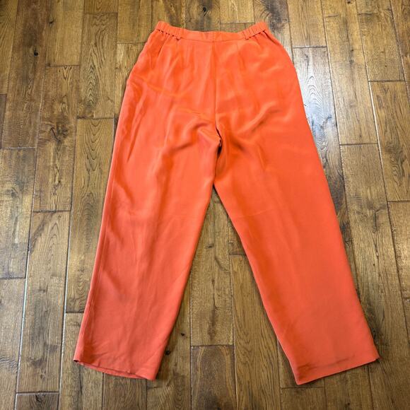 Due per Due 100% Silk 3 Pc Jacket Blouse Pants Set Womens Sz 14-16 Orange Coral - Picture 7 of 16